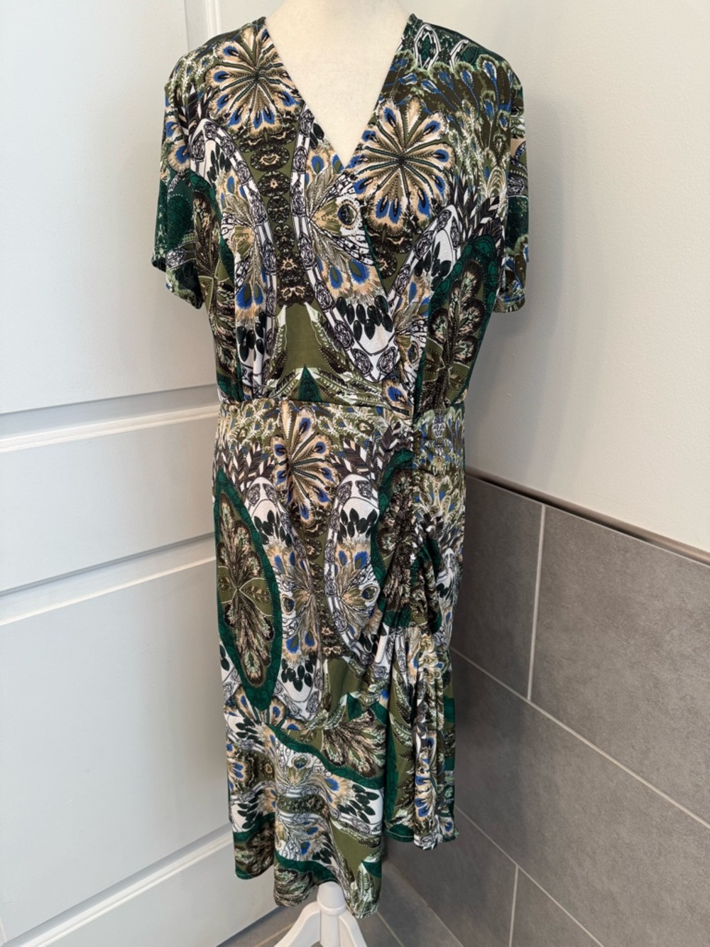 ❤️3/$30 Anna Morgan Boho Paisley Midi Dress – Green & Teal Ruched Fit & Flare XL